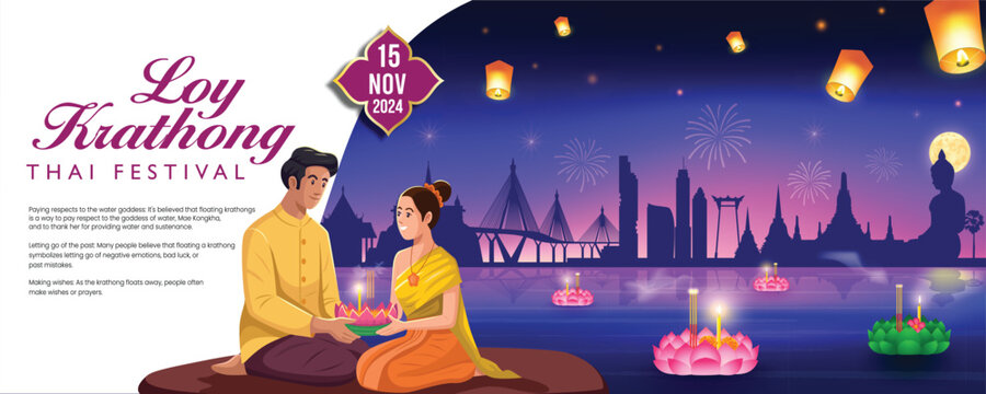 Loy Krathong festival in Thailand. A couple, dressed in traditional Thai attire, holds a krathong and wishes for good luck. Silhouetted against the Bangkok skyline.