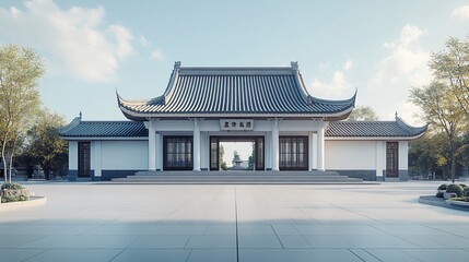 Obraz premium Traditional Chinese Anhui Hui-style Architecture with White Background, Platform, Roads, Parking Lots, and Brick Pavements for Car Advertisement Background