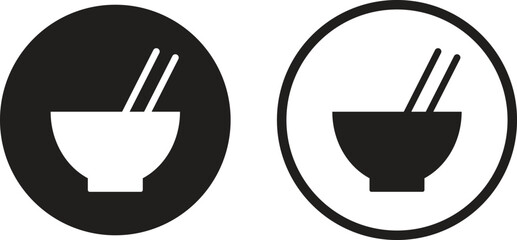 Chinese bowl icon set in two styles . Chinese food icon . Bowl with two chopsticks icon vector