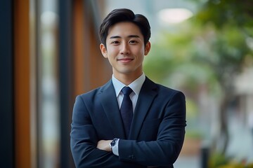 Confident Businessman in Suit, Arms Crossed, Smiling in Office Building