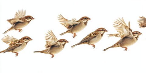 Group of sparrows in flight on white background, high-resolution capture of avian movement.