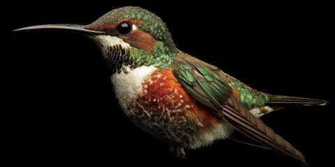 Close-up of a female green-breasted mango hummingbird perched on branch.