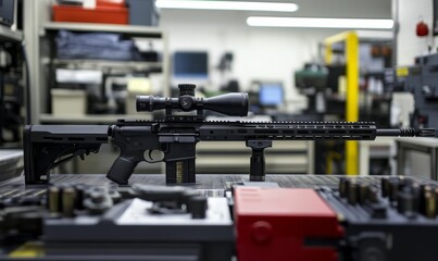 Fototapeta premium A black rifle with scope on a table.