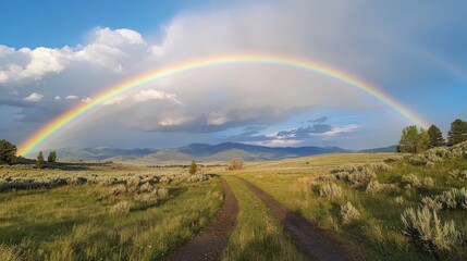 A vibrant rainbow arches over a dirt road leading towards a distant mountain range. The sky is a mix of blue and white clouds.
