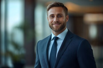 Fototapeta premium Confident Businessman in Suit, Blue Tie and Light Background