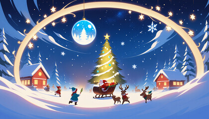 Santa Claus in Sleigh, Decorated Winter Trees