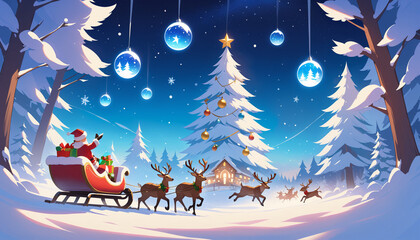 Santa Claus in Sleigh, Decorated Winter Trees