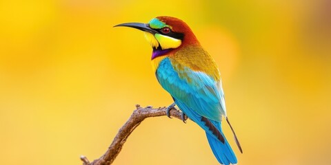 Exotic bird perched on branch, vibrant colors, high-resolution.