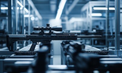 Naklejka premium Black rifle with scope in a factory.