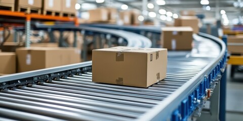 Conveyor belt with cardboard packages in warehouse, logistics in action.