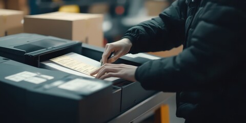 Worker printing labels on boxes in warehouse, close-up logistics process.
