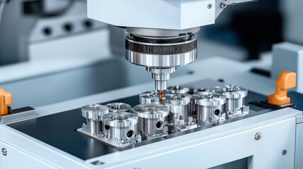 Close-up view of a CNC machine drilling metal components with precision in an industrial setting