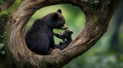 Obraz premium A mother bear and her cub share a tender moment nestled within a tree's natural hollow, surrounded by lush greenery, creating a heartwarming scene of wildlife and family - AI Generated Digital Art
