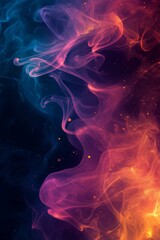 Obraz premium Colorful smoke creating abstract shapes with glowing particles on a black background