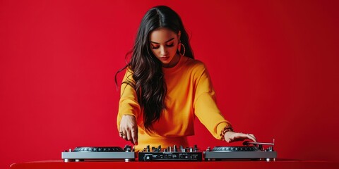 Female DJ spinning vinyl on a retro turntable against a bold red background, energetic mood.