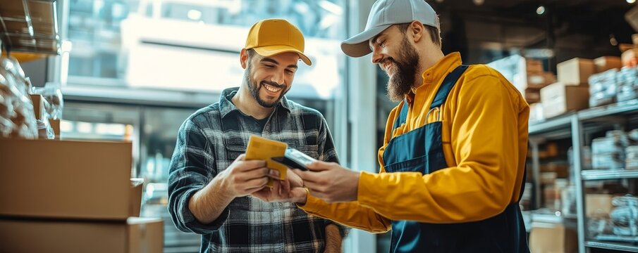 delivery man receiving payment from the customer via mobile banking scan payment, Generative AI