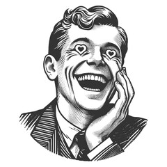 Fototapeta premium man with a classic hairstyle and mustache, featuring heart-shaped eyes symbolizing love sketch engraving generative ai vector illustration. Scratch board imitation. Black and white image.