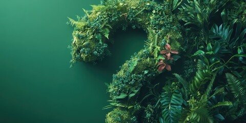 Green question mark with plants against green background, space for text, nature and curiosity theme.