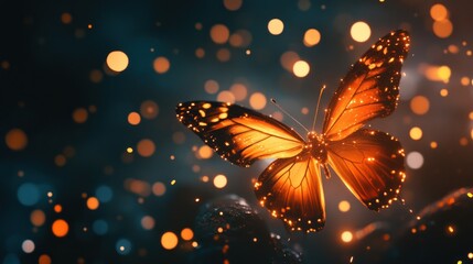 A glowing orange butterfly with blurred lights in the background.
