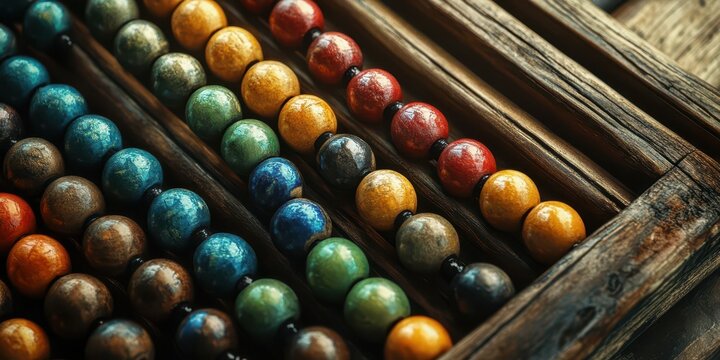 Close-up of an ancient abacus with colorful beads, symbolizing traditional calculation methods on wooden background.
