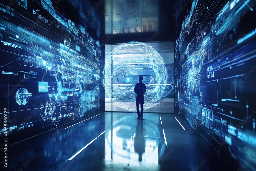 Aufkleber Exploring a futuristic data visualization space at dusk