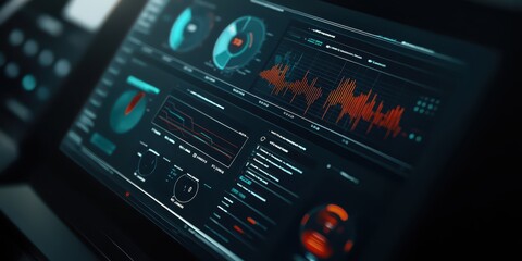 Obraz premium Computer screen displaying data analysis dashboard with arithmetic graphs and charts in high detail.