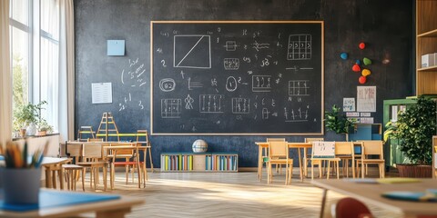 Classroom chalkboard with sequences of numbers, patterns, and math problems, creating a focused learning atmosphere.