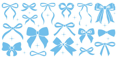 Simple hand drawn colorful ribbon bow collection. Bowknot for decoration, big set of bowtie. Large retro handdrawn ribbon illustration set. Set of various cartoon bow knots, gift ribbons. Blue color