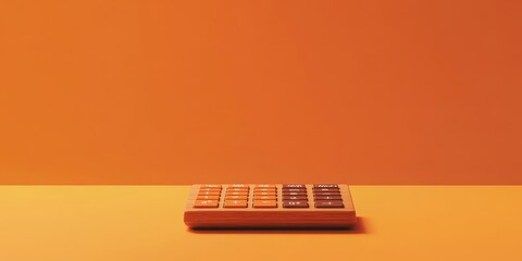 Modern wooden calculator with clean design on a vibrant orange background.