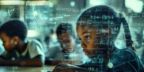 Math formulas layered over African American children actively learning in classroom, diverse educational setting