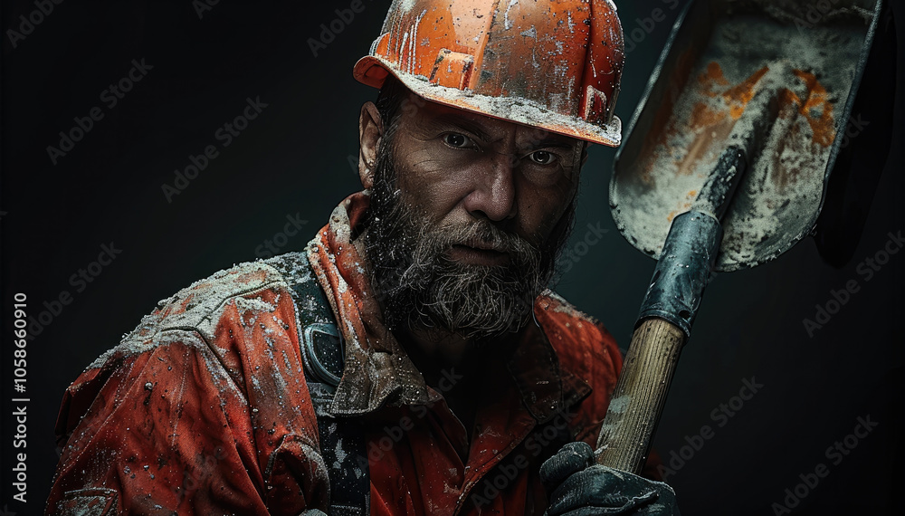 Poster construction and mining concept. worker with brutal image wears dirty helmet and holds shovel. man w
