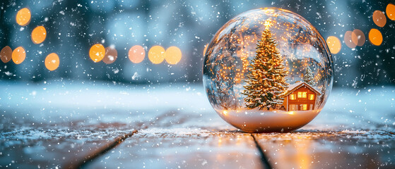 Glass Christmas snow globe with cottage inside it and blue background with snowfall
