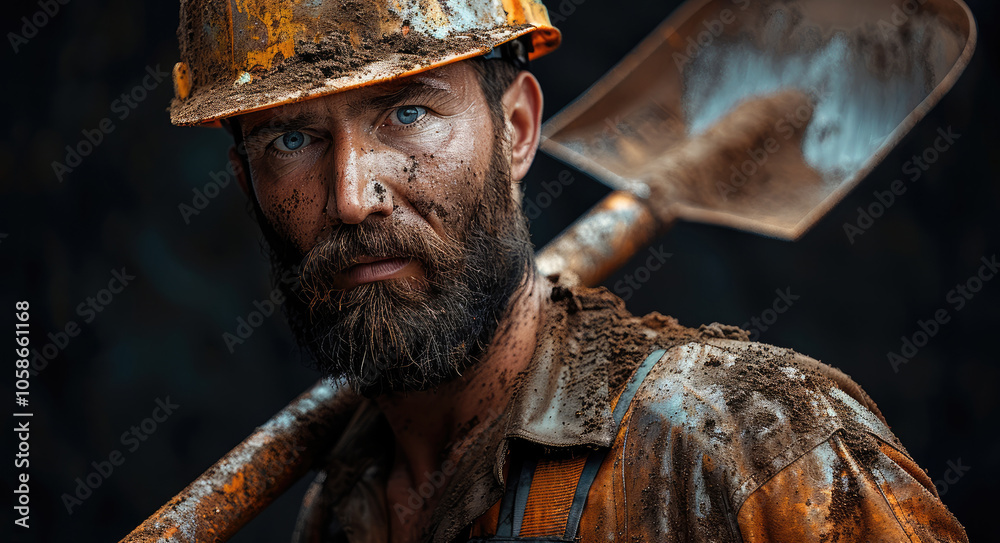Aufkleber construction and mining concept. worker with brutal image wears dirty helmet and holds shovel. man w