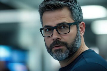 Obraz premium Focused Man with Glasses in a Modern Environment