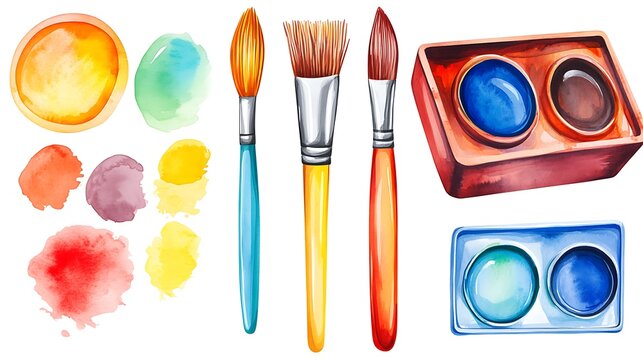 Cheerful and vibrant watercolor palette clipart with a festive Xmas twist, complete with a paintbrush in a playful sticker design