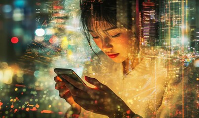 Naklejka premium Woman with phone, city lights, blurred background.