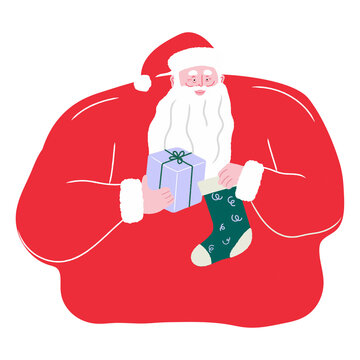 santa claus with wrapped gift and sock transparent background illustration