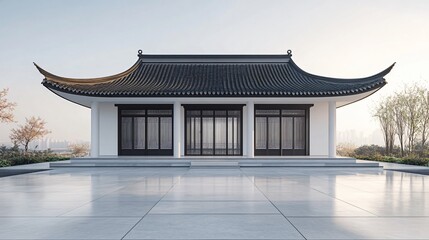 Fototapeta premium Traditional Chinese Anhui Hui-style Architecture with White Background, Platform, Roads, Parking Lots, and Brick Pavements for Car Advertisement Background