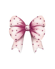 Pretty pink bow with polka dots and a ribbon design on a plain background