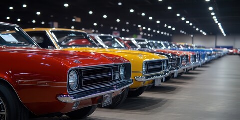 Obraz premium Rows of classic cars on display at a famous automotive exhibition, celebrating vintage design.