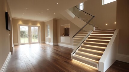 contemporary interior design featuring a beautifully crafted glass staircase, blending seamlessly with warm wooden elements, creating an elegant and inviting atmosphere