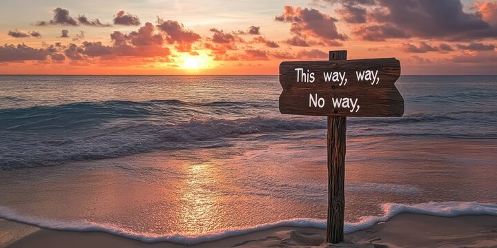Wooden signpost on a beach at sunset with phrases like "This way" and "No way," playful direction themes.