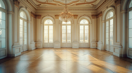 Obraz premium Empty ballroom. a chandelier hanging from the ceiling. with parquet floors, ready for an elegant event.