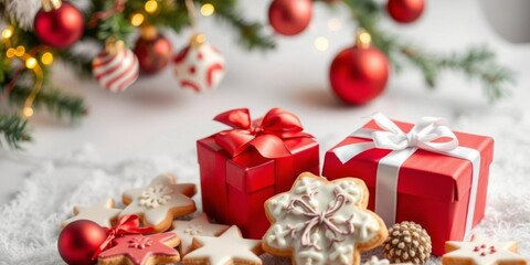 Christmas background featuring gift box cookies and a decorated Xmas tree, happiness, merry, cookies