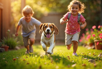 Joyful Children Running with Dog in Sunny Garden