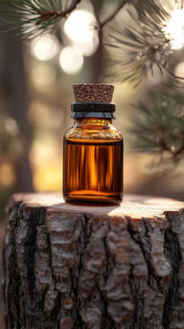 Photo of Pine Essential Oil Bottle on Tree Stump