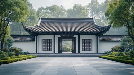 Traditional Chinese Anhui Hui-style Architecture with White Background, Platform, Roads, Parking Lots, and Brick Pavements for Car Advertisement Background