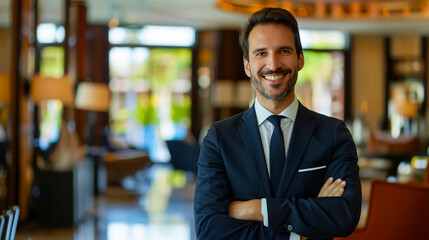 Fototapeta premium Panoramic shot of a smiling businessman in a suit with crossed arms, looking at the camera in a hotel setting.