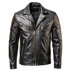 A stylish black leather jacket with a zipper front and side pockets isolated on white background