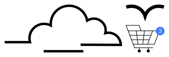 Cloud icon with streamlined line design, shopping cart with notification badge displaying 3, bird silhouette. Ideal for e-commerce, cloud services, notifications, online shopping, simplicity, modern